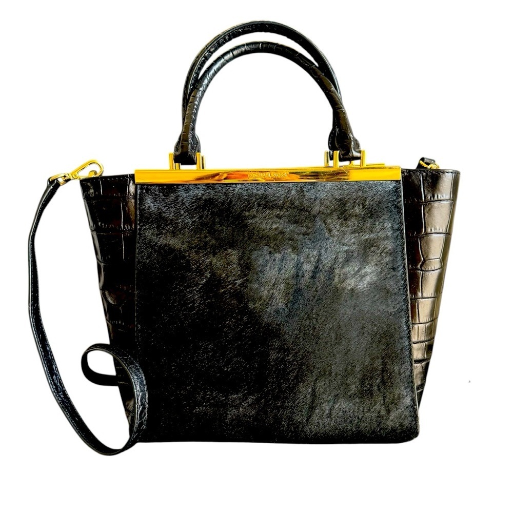 Michael Kors Lana Black Purse Calf Hair Croc Embossed Leather Bag Top Handle - Picture 1 of 16